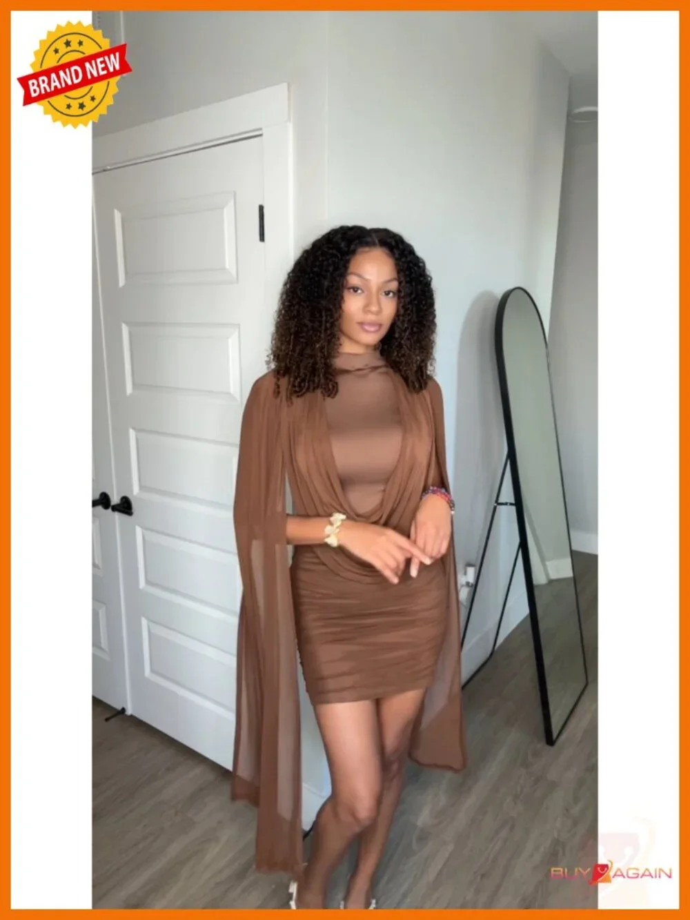 Women's Mesh Cape Sleeve Cowl Neck Ruched Bodycon Mini Dress